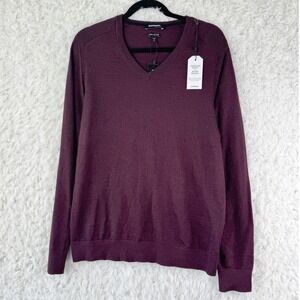 EXPRESS Mens V Neck Sweater Burgundy Merino Wool Blend Washable Size L New